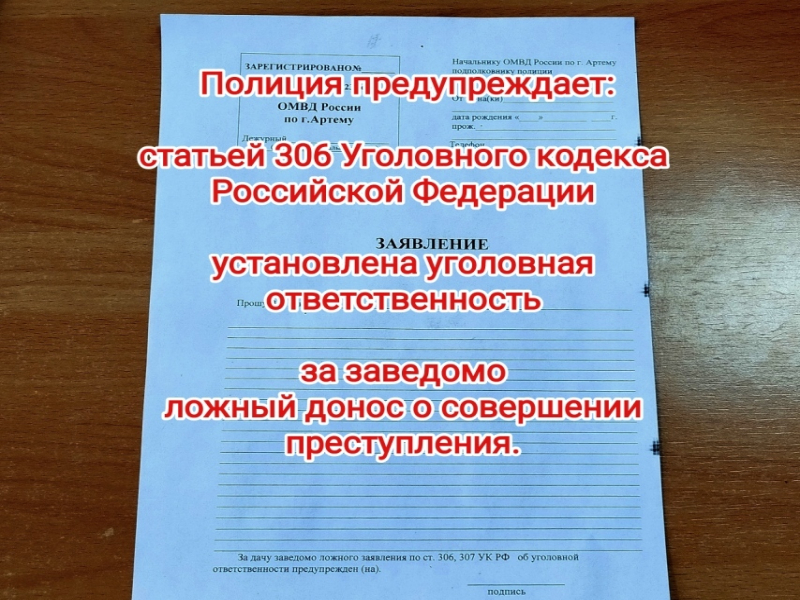 В Артеме Приморского края возбуждено уголовное дело о заведомо ложном доносе о совершенном преступлении.