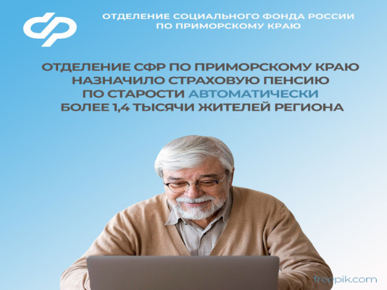 Отделение СФР по Приморскому краю назначило страховую пенсию по старости в автоматическом режиме более 1,4 тысячи жителей региона. Отделение СФР по Приморскому краю назначило страховую пенсию по старости в автоматическом режиме более 1,4 тысячи жителей региона.